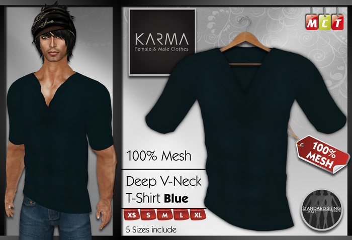 Karma - Blue - Mesh Deep V-Neck T-Shirt - 5 Sizes include