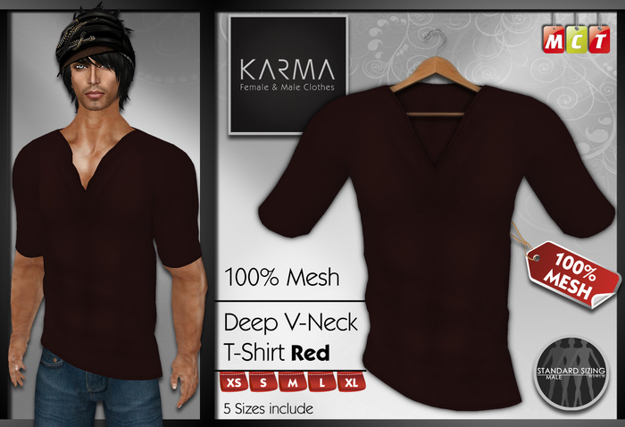 Karma - Red - Mesh Deep V-Neck T-Shirt - 5 Sizes include