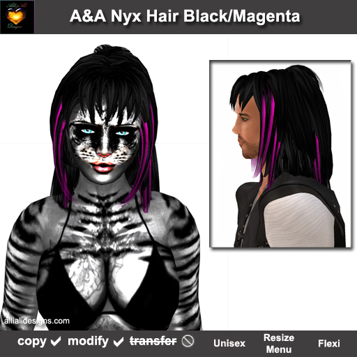 A&A Nyx Hair Black-Magenta, (unisex fantasy long style). Marketplace PROMO color!