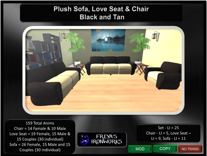 Black and Tan 3 Piece Sofa Set - Freya's Ironworks