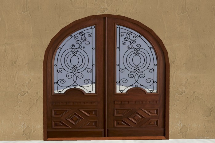 Pecan Carved Arched Sliding Double Doors