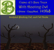 3 Sculpted Trees with Blinking Sculpted Owl with Hoots, 2 Prims