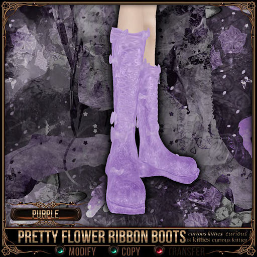 [Mesh] =^.^= Curious Kitties - Pretty Flower Ribbon Boots - Purple