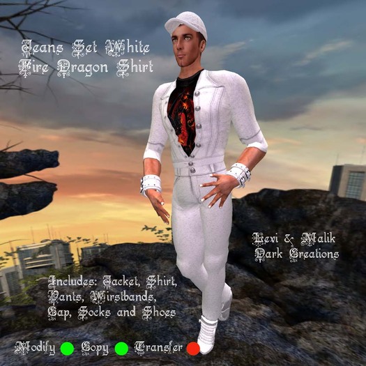 Jeans Set White Fire Dragon Shirt