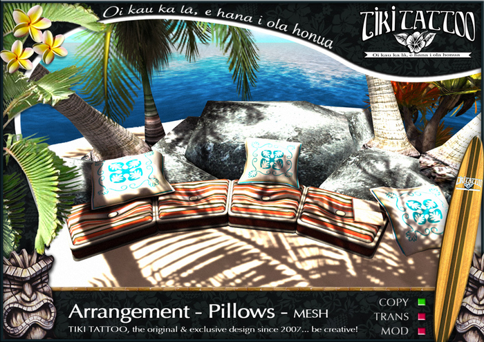 Tiki Tattoo - COPY - Rocks & Palms with pillows arrangement for tropical beach - Mesh