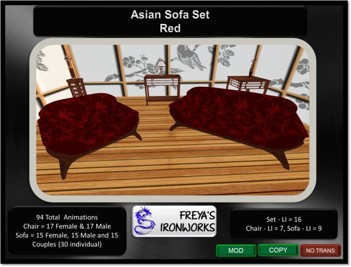 Asian Sofa Set - Red - Freya's Ironworks