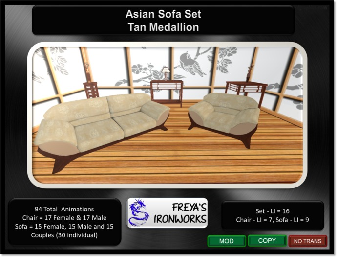 Asian Sofa Set - Tan Medallion - Freya's Ironworks