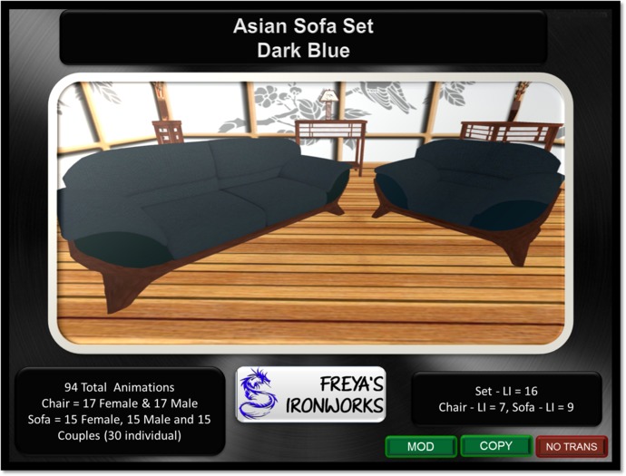 Asian Sofa Set - Dark Blue - Freya's Ironworks
