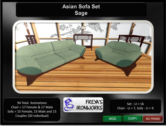 Asian Sofa Set - Sage/Green - Freya's Ironworks