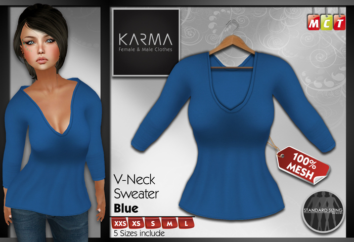 Karma - Mesh Sweater Col V - Bleu - 5 Tailles incluses