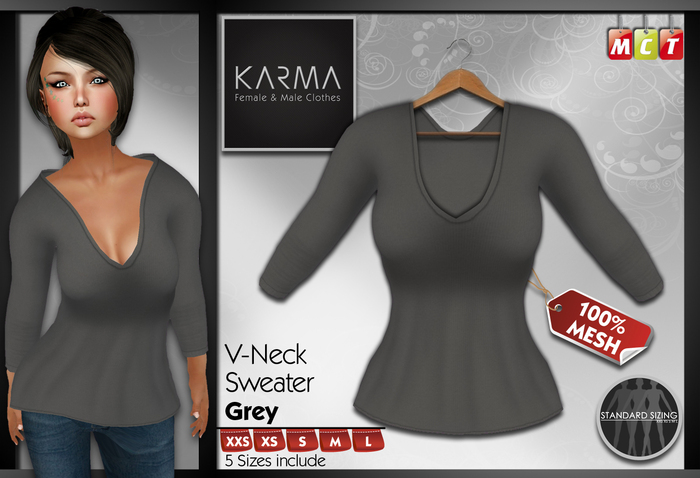 Karma - Grey - Mesh V-Neck Sweater - 5 Sizes include