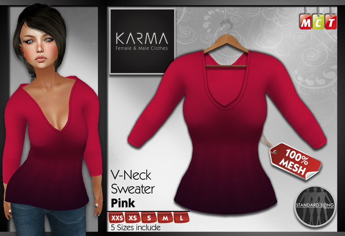 Karma - Pink - Mesh V-Neck Sweater - 5 Sizes include