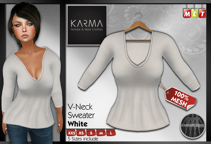 Karma - White - Mesh V-Neck Sweater - 5 Sizes include