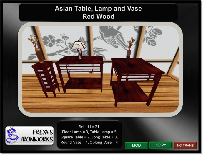 Asian Table Set - Red Wood - Freya's Ironworks 
