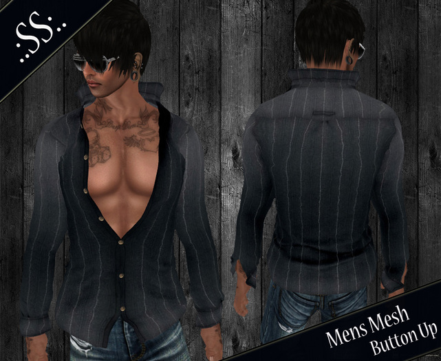 .:SS:. MESH BLACK PINSTRIPED POPPED COLLAR BUTTON UP