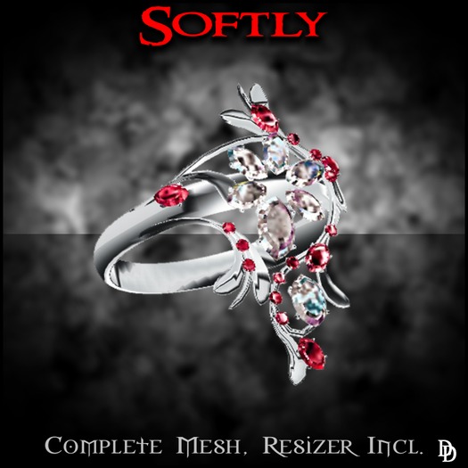 Dare Designs:  Softly - ladies ring - platinum/diamond/ruby