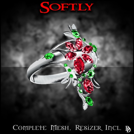 Dare Designs:  Softly - ladies ring - platinum/ruby/emerald