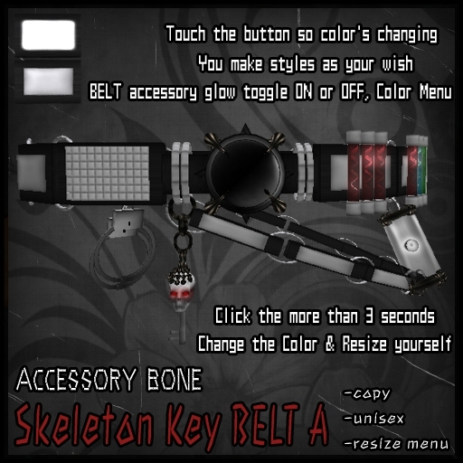accessory bone A:B Skeleton Key BELT A Goth, Punk, Voodoo, Rocker style 