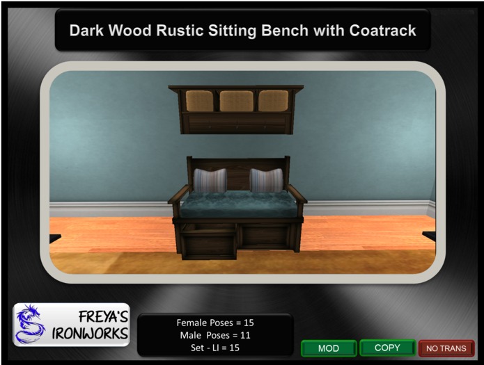 Dark Wood Rustic Sitting Bench with Coatrack - Freya's Ironworks