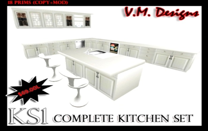 Realistic Full Kitchen Set w/ Isle, Bar Stools 