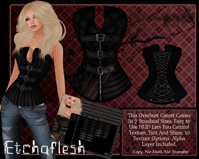 [Etchaflesh] Leather Texture Change Mesh Cleavage Corset With HUD