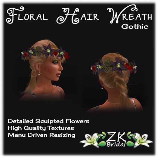 *ZK* Lilies, Orchids & Roses Hair Wreath - Gothic