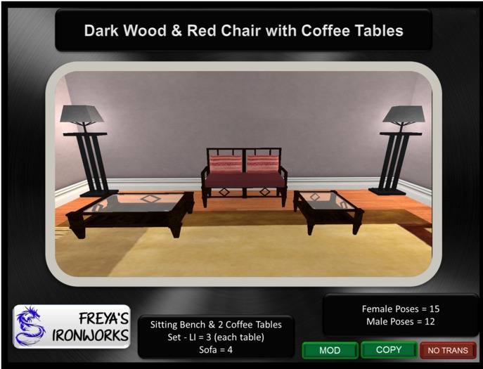 Dark Wood Red Chair w/ Tables - Freya's Ironworks