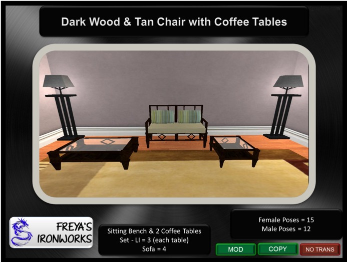 Dark Wood Tan Chair w/ Tables - Freya's Ironworks