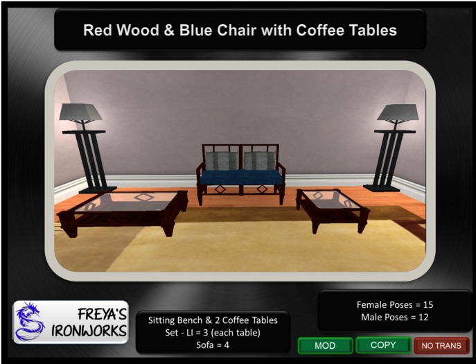 Red Wood Blue Chair w/ Tables - Freya's Ironworks