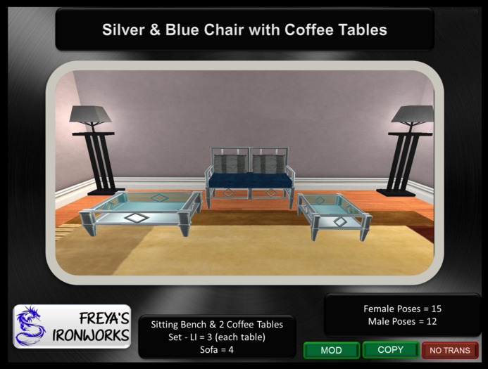 Silver Blue Chair w/ Tables - Freya's Ironworks