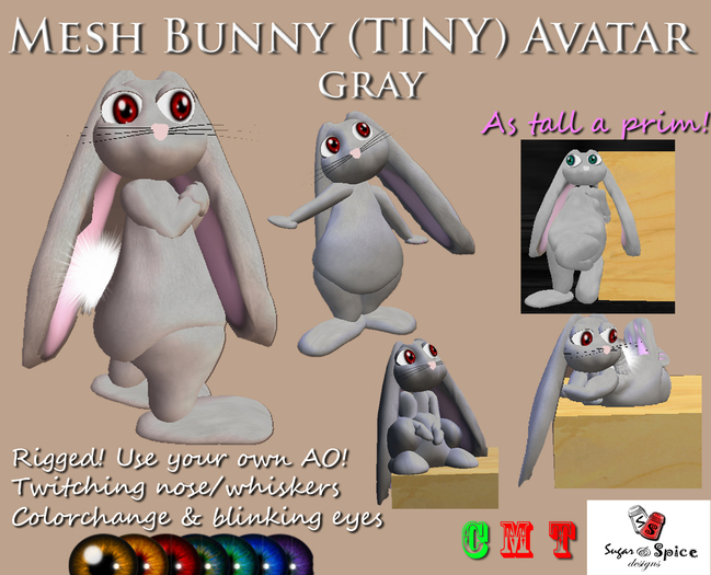 RIGGED MESH Bunny Avatar (TINY) - Gray - by Sugar & Spice Designs