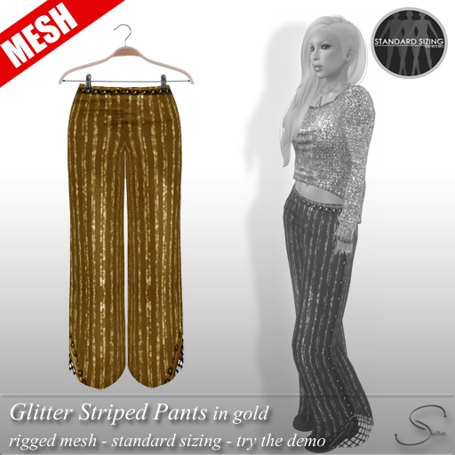 Second Life Marketplace [Stellar] Glitter Striped (Mesh) Pants in gold