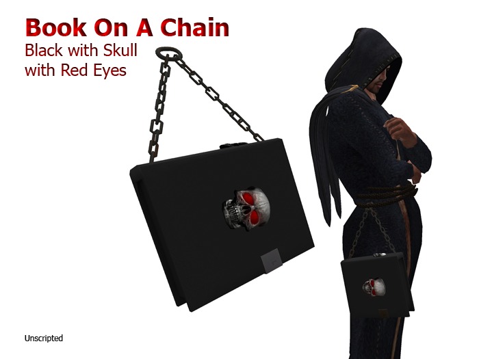 Demon Book on Chain, Black Book with Skull, Glowing Red Eyes