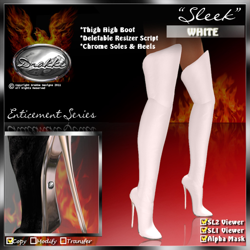 !Drakke! "Sleek" Thigh High Boots(White)  ~Works with ALL Viewers (Comes with Alpha Masks & Invisi Prims Options)