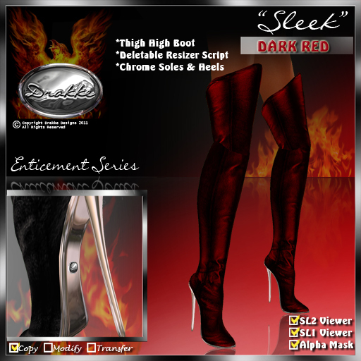 !Drakke! "Sleek" Thigh High Boots(Dark Red)  ~Works with ALL Viewers (Comes with Alpha Masks & Invisi Prims Options)