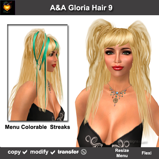 A&A Gloria Hair Gold Blonde (Color 9). Long straight flexi hairstyle with pigtails and Menu Colorable Streaks