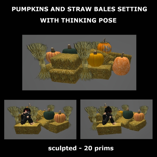 pumpkins and straw bales setting with thinking pose
