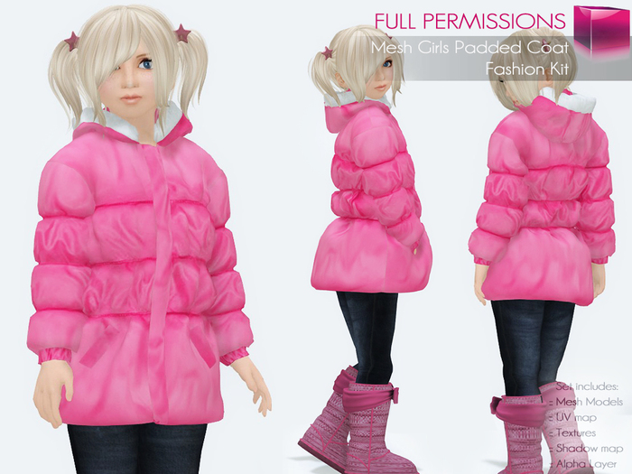 CLASSIC RIGGED MESH Little Girl's Kids Closed Front Long Padded Winter Coat with Hoodie - 4 TEXTURES