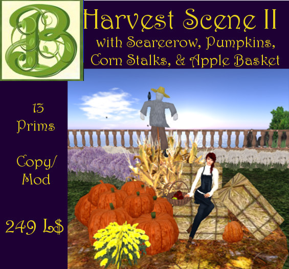 Harvest Scene 2, Scarecrow Pumpkins & Apples w/sits