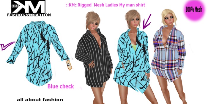 ::KM:: Rigged Mesh Ladies My man shirt(blue check)