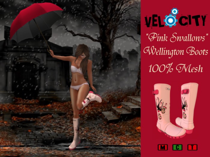 VELOCITY Pink Swallows Wellingtons