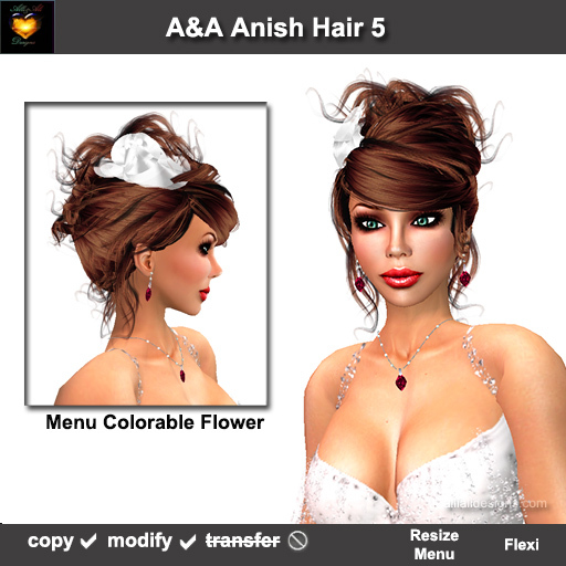 A&A Anish Hair Milk Chocolate (Color 5). Updo with flexi curls and menu colorable flower. 