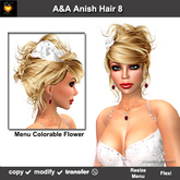 A&A Anish Hair Dark Blonde (Color 8). Updo with flexi curls and menu colorable flower. 