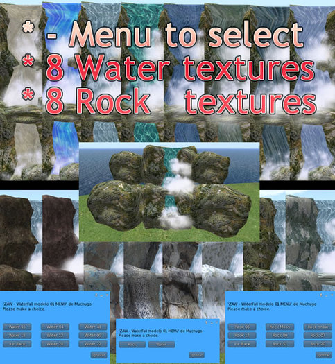 ZAW - WaterFall modelo 01 MENU 8 water textures & 8 rock textures