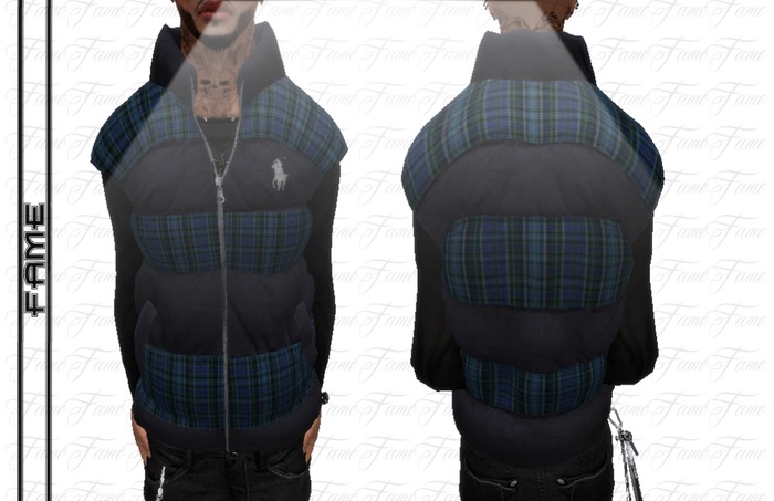 ---::[[F A M E]]::--Polo-BluePlaid[PaddedVest-Men]-Mesh