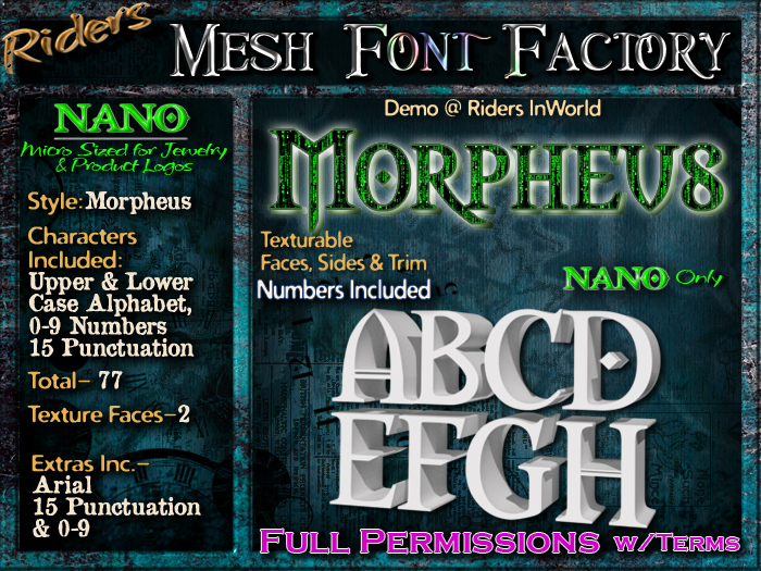 Riders Mesh Font Set (Morpheus) [[NANO]]- Nano Only! Multiple Faces- INCLUDING #'s, Tiny Mesh Fonts Ideal For Jewelry