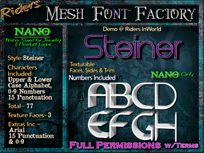 Riders Mesh Font Set (Steiner) [[NANO]]- Nano Only! Multiple Faces- INCLUDING #'s, Tiny Mesh Fonts Ideal For Jewelry