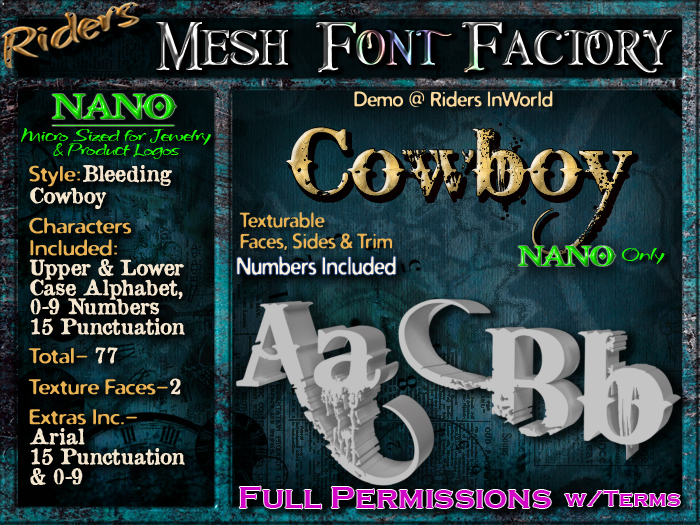 Riders Mesh Font Set (Cowboy) [[NANO]]- Nano Only! Multiple Faces- INCLUDING #'s, Tiny Mesh Fonts Ideal For Jewelry