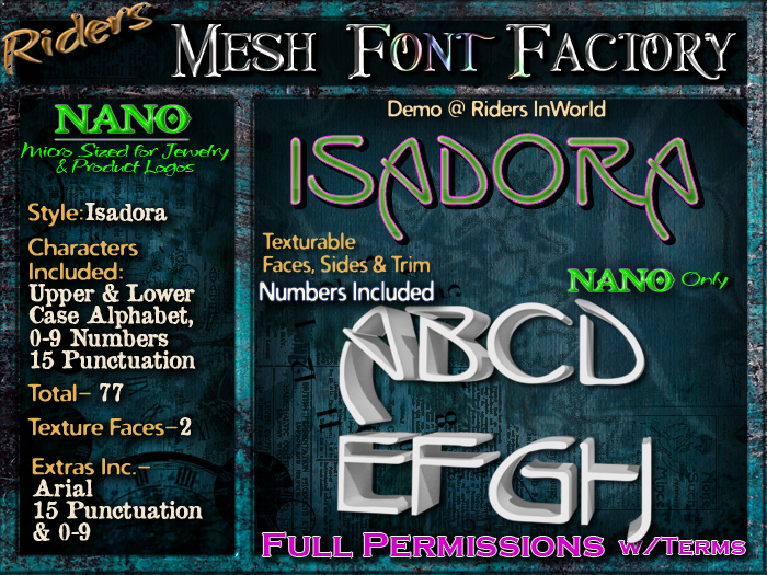 Riders Mesh Font Set (Isadora) [[NANO]]- Nano Only! Multiple Faces- INCLUDING #'s, Tiny Mesh Fonts Ideal For Jewelry