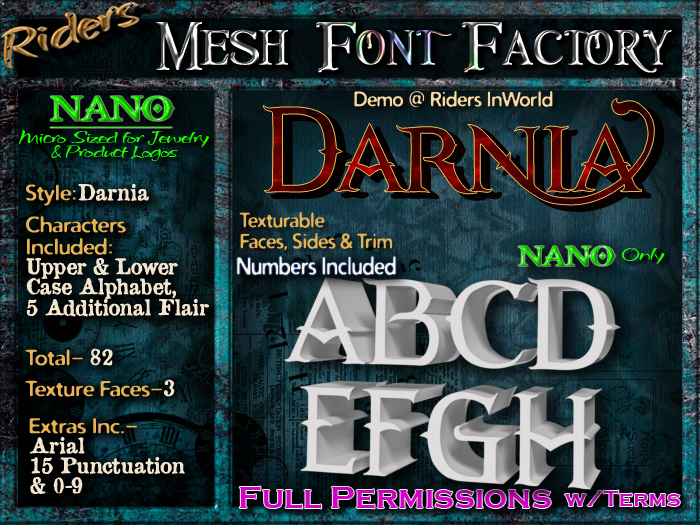 Riders Mesh Font Set (Darnia) [[NANO]]- Nano Only! Multiple Faces- INCLUDING #'s, Tiny Mesh Fonts Ideal For Jewelry